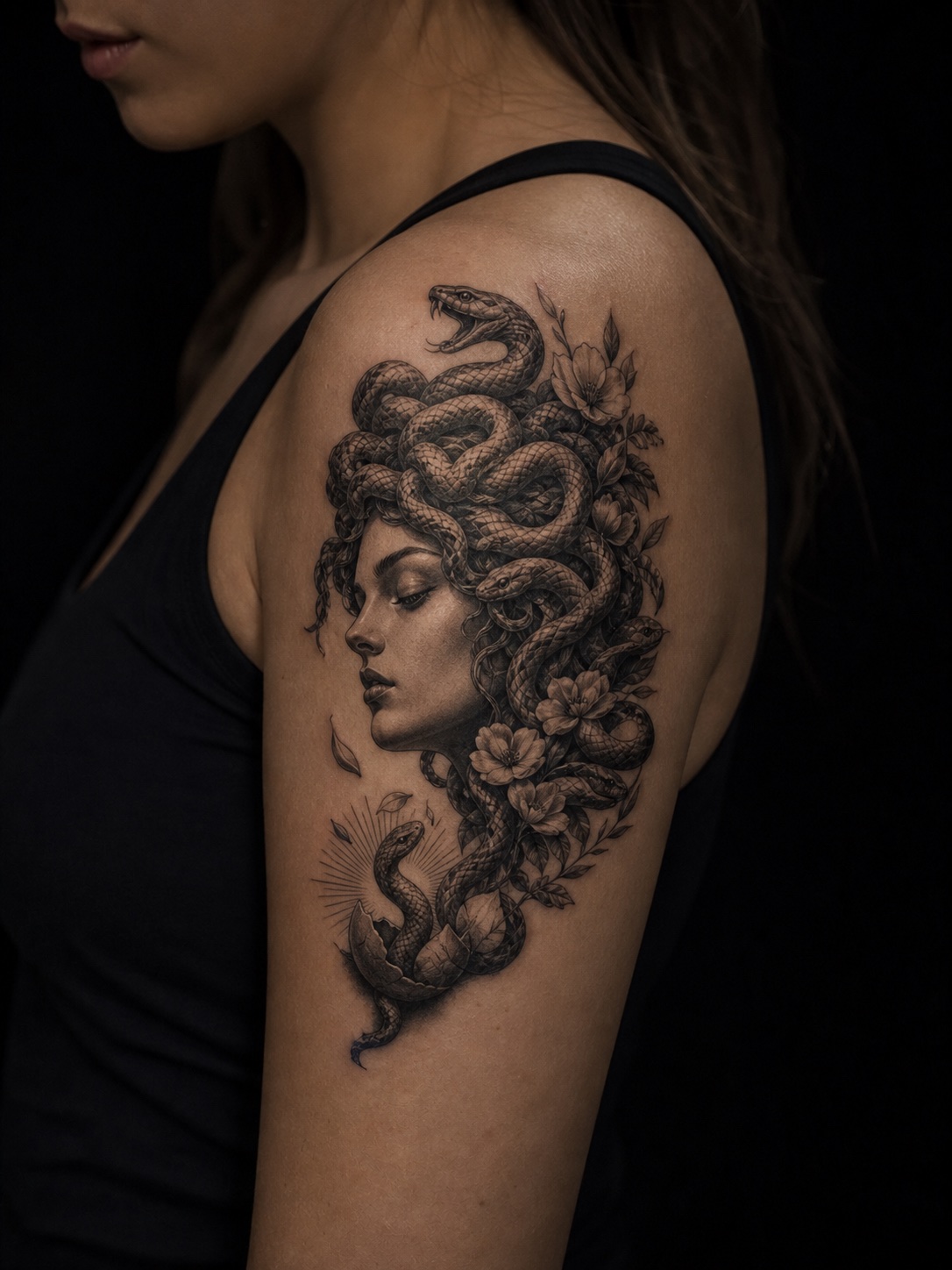 Shoulder Medusa tattoo with flowers and snake imagery for transformation and rebirth.