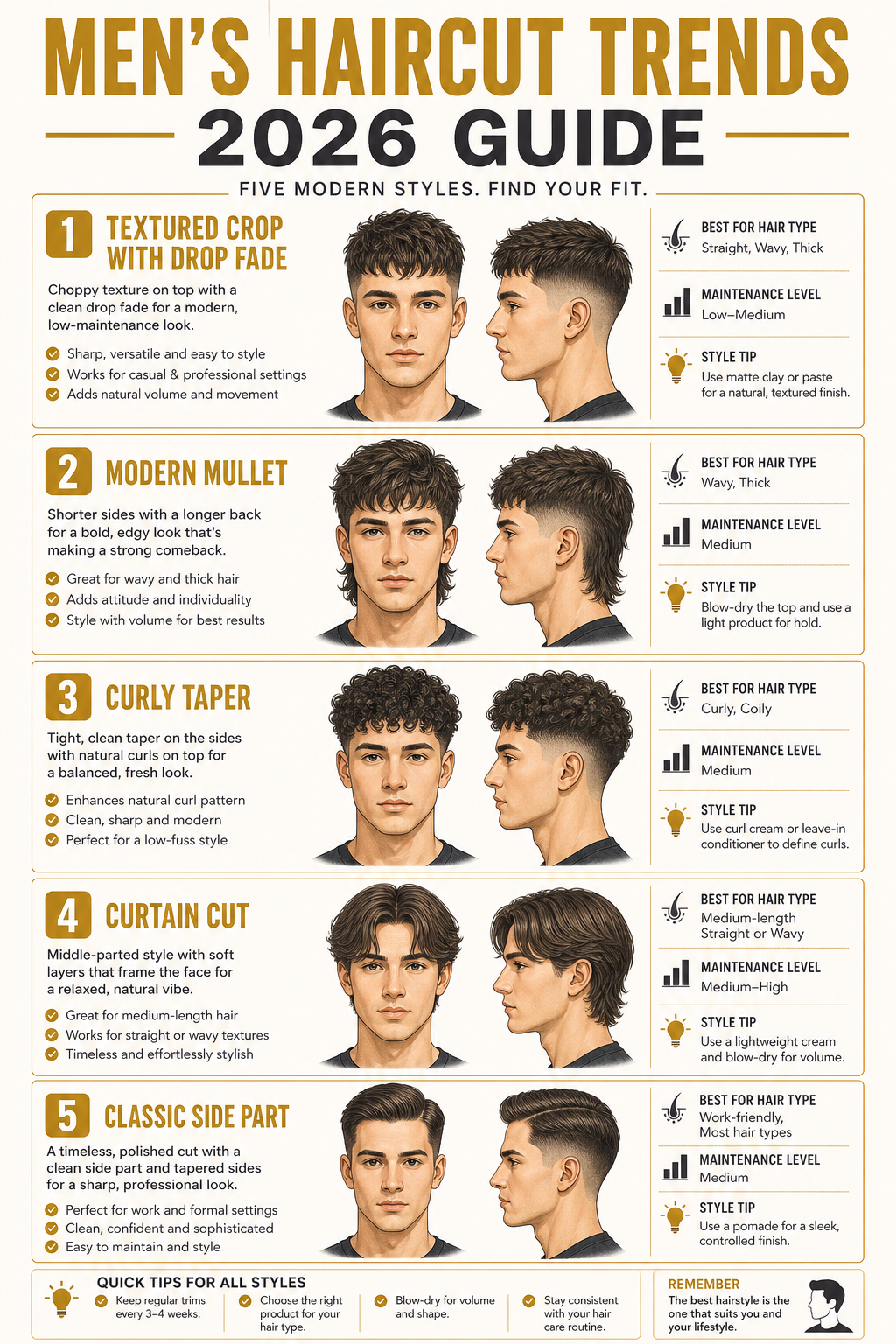 Illustrated men's hairstyles infographic showing 2026 haircut trends with example heads.