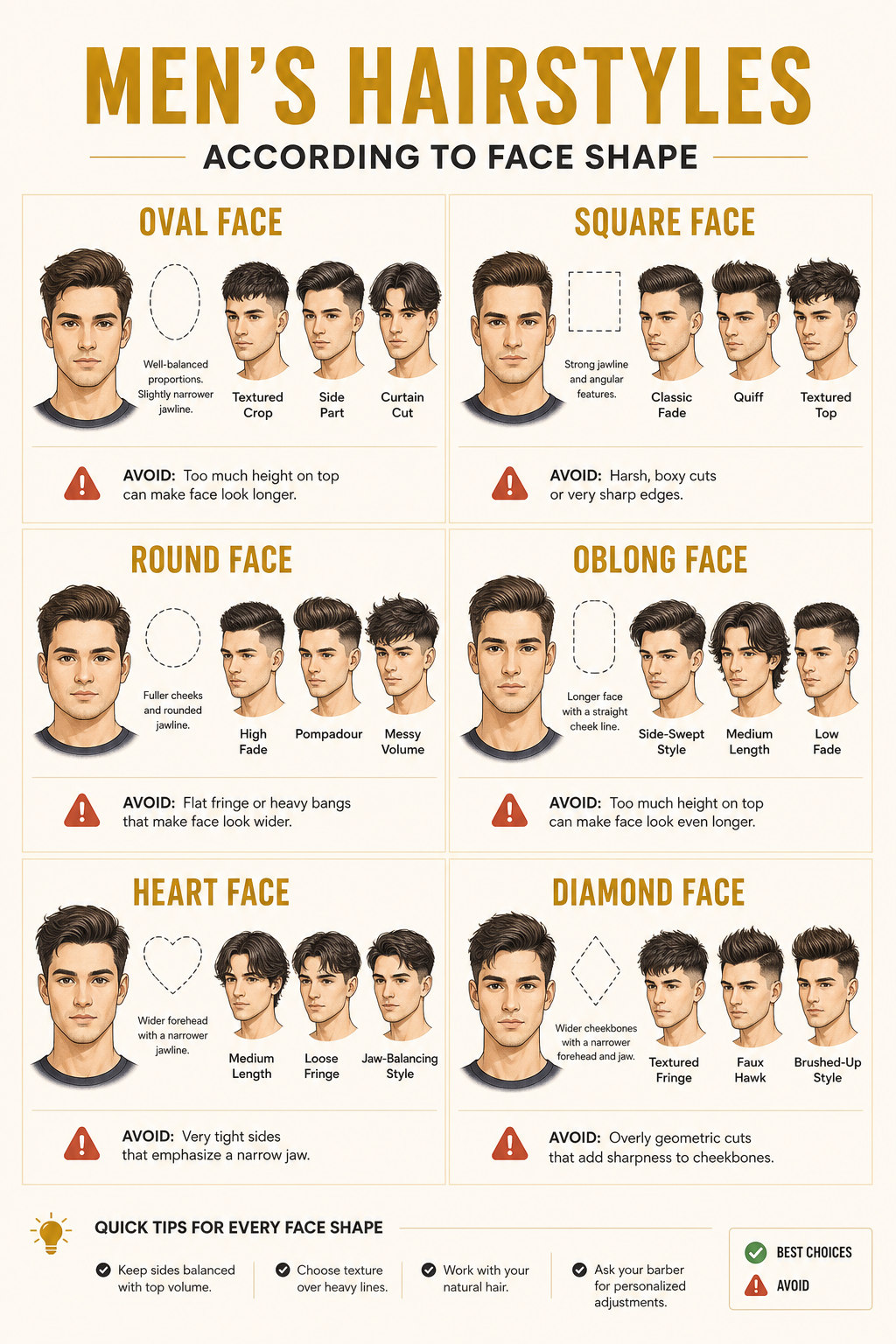 Illustrated men's hairstyles infographic showing face shapes with matching haircut examples.