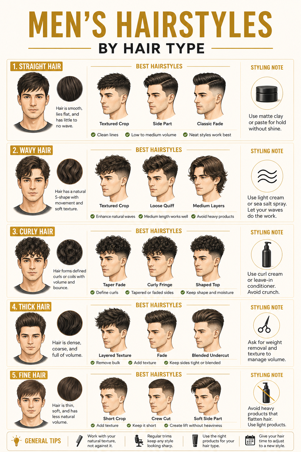 Illustrated men's hairstyles infographic showing hair types with recommended haircut examples.