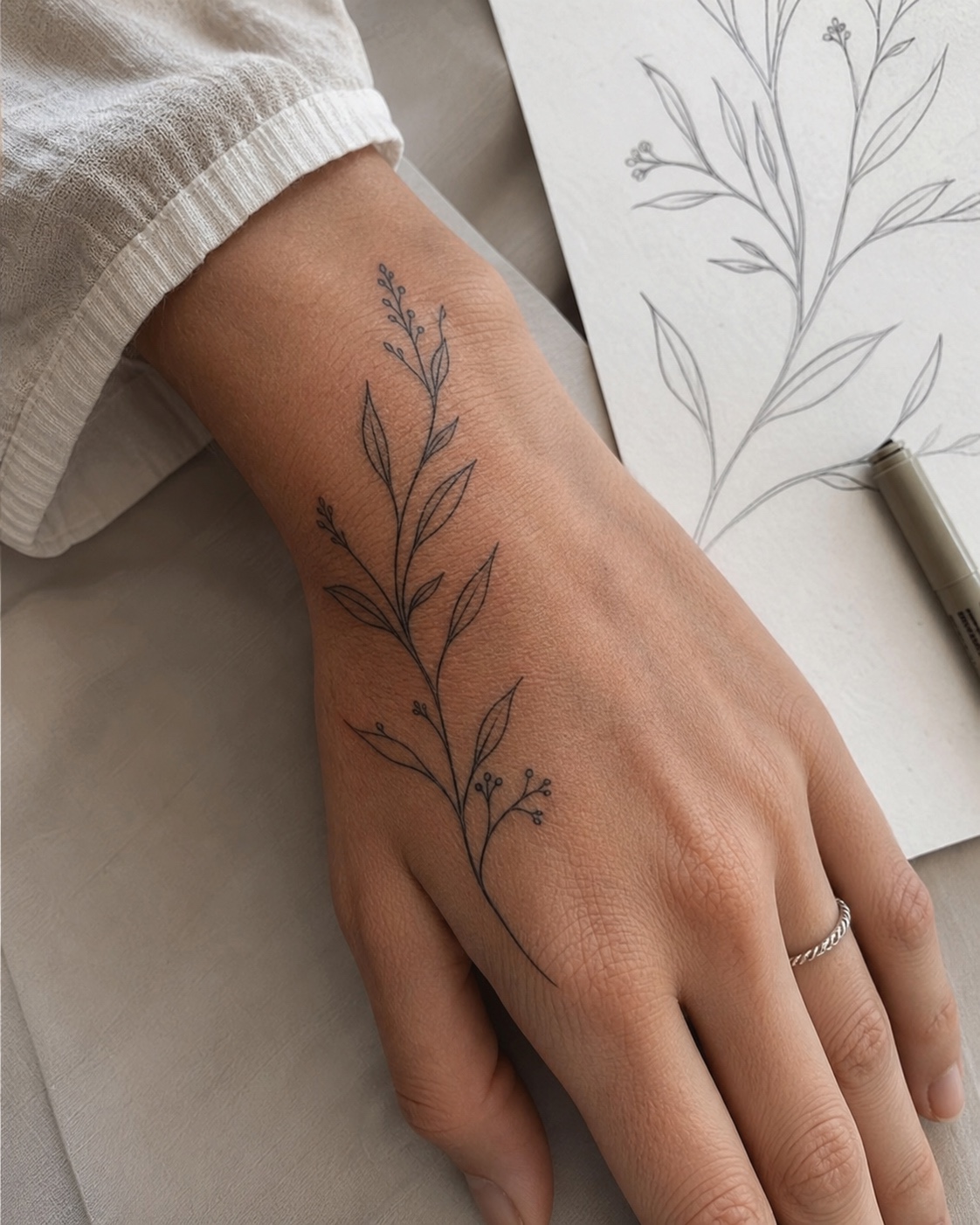 Minimal botanical hand tattoo sketch Delicate black botanical line tattoo along the wrist with slender leaves and tiny buds. | Sky Rye Design Minimal botanical hand tattoo with a matching pencil sketch beside the hand