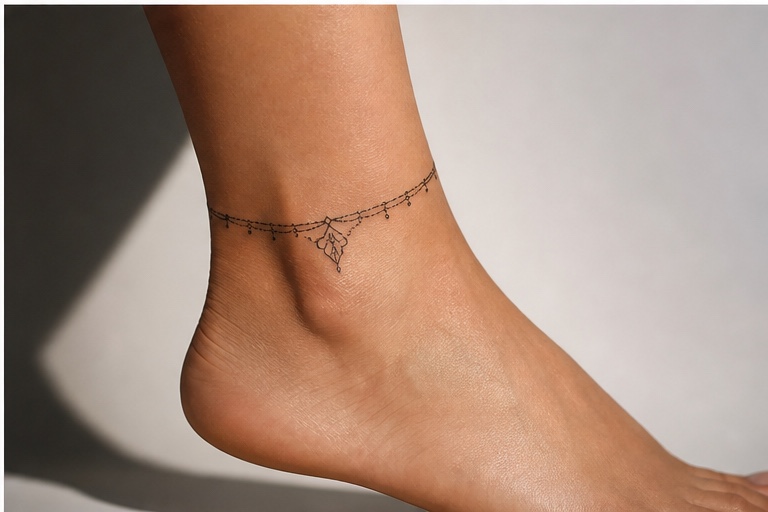 Fine line feminine anklet tattoo wrapped around the ankle.