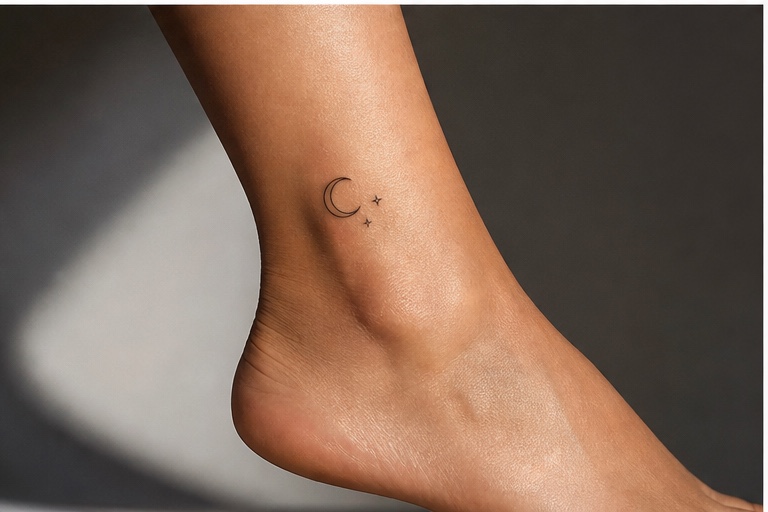 Minimal feminine ankle crescent moon tattoo with tiny stars.