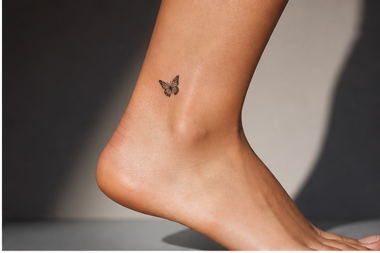 Small feminine ankle butterfly tattoo in minimal black linework.