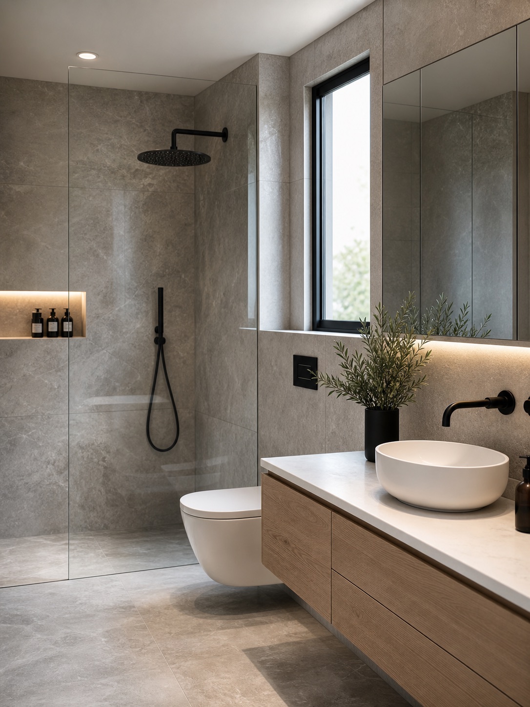 Modern renovated bathroom with large grey stone tiles, matte black fixtures, frameless glass, and a floating vanity.