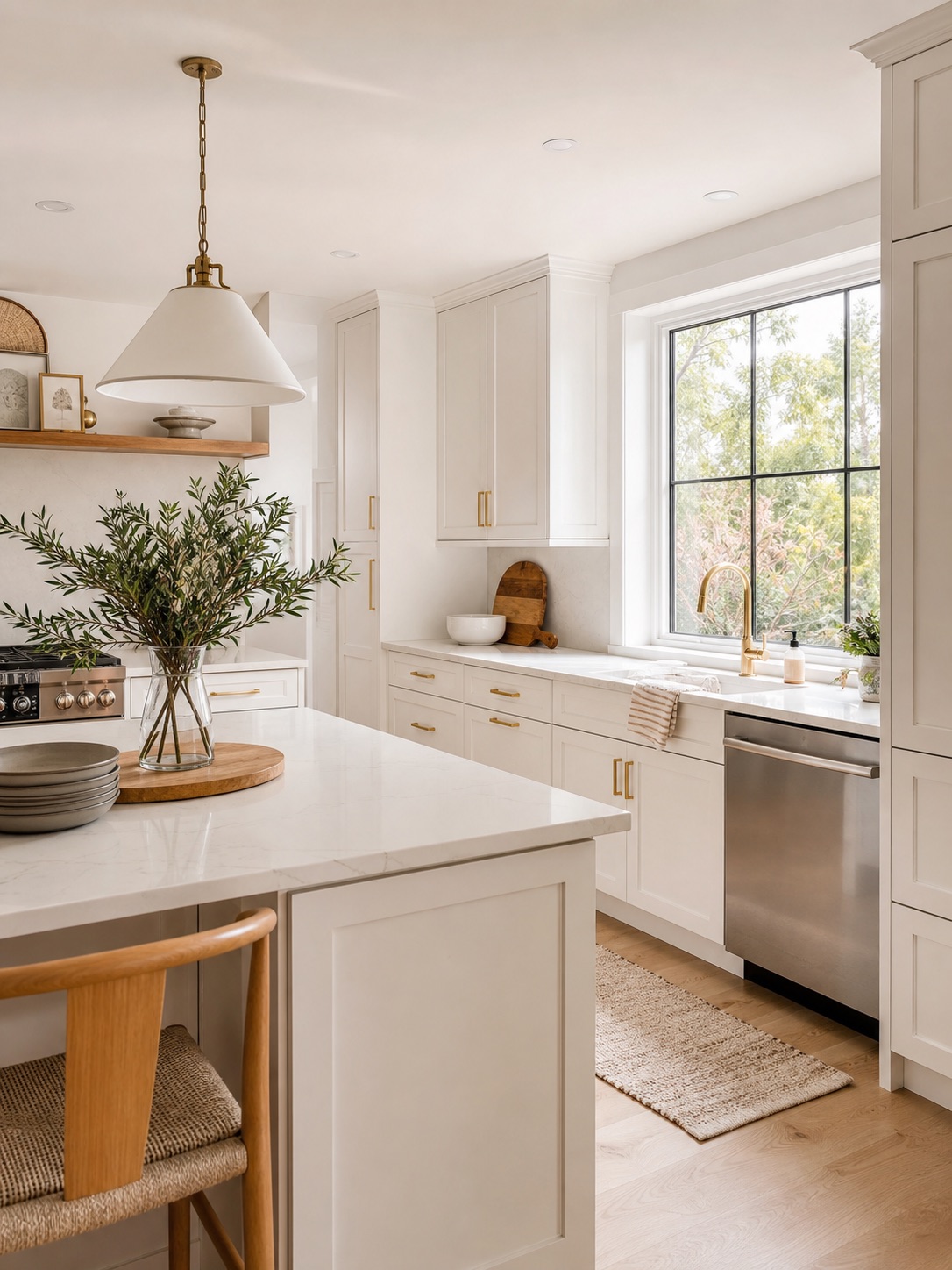 Bright modern kitchen with white shaker cabinets, quartz counters, brushed gold hardware, and warm natural light.