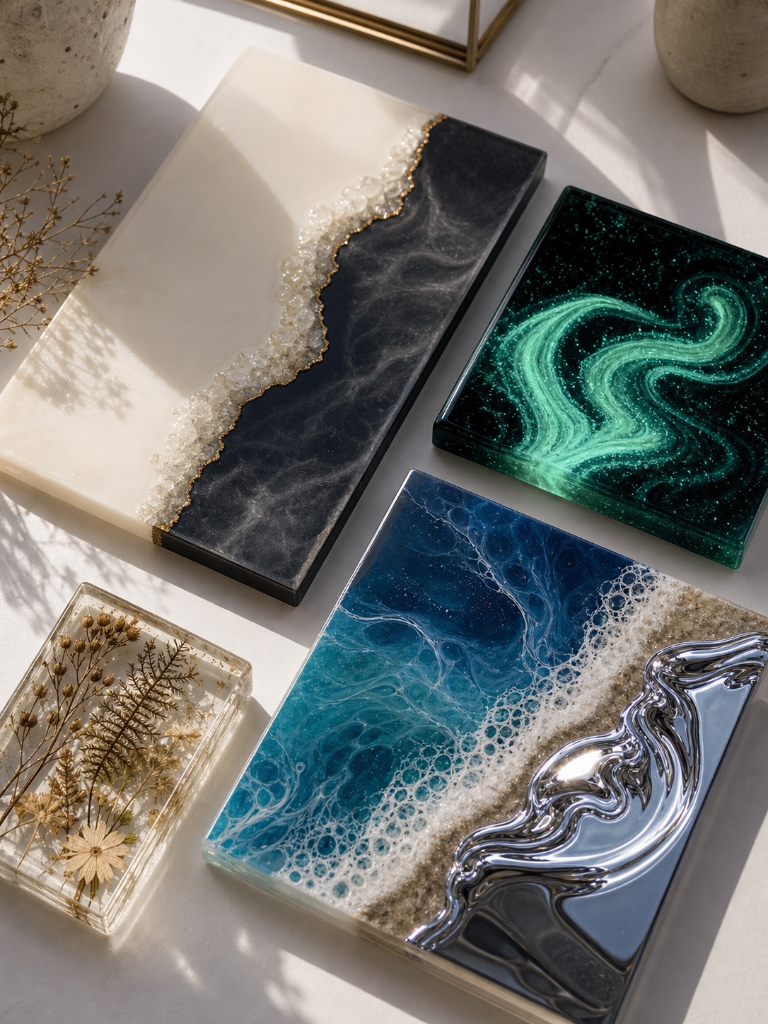 Modern resin art trends including minimalist geode art, phosphorescent pour, chrome ocean pour and botanical block.