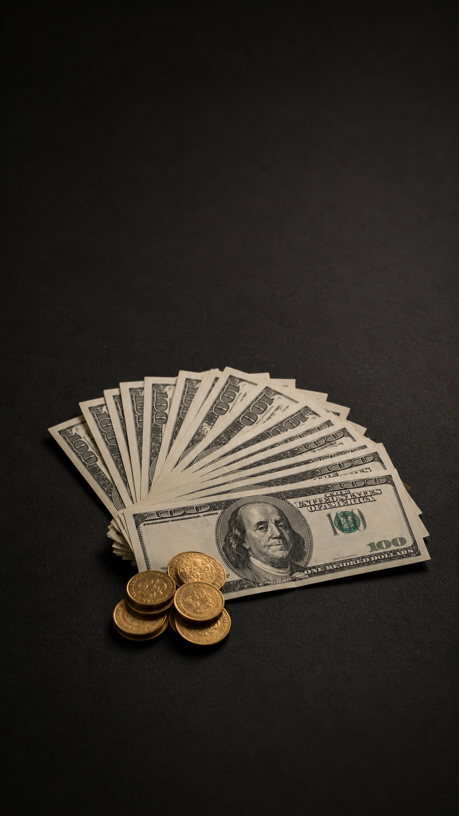 Dark 9:16 money wallpaper with hundred dollar bills and gold coins on a matte black background.