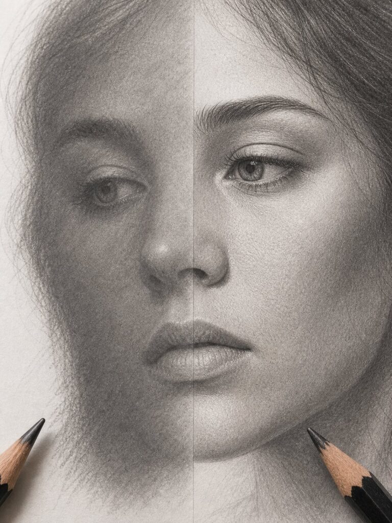 muddy-vs-clean-graphite-blending-comparison Split portrait of a woman's face: left half a rough pencil sketch, right half a detailed finish, with pencils at lower corners of the image | Sky Rye Design Split portrait of a woman's face: left half a rough pencil sketch, right half a detailed finish, with pencils at lower corners of the image