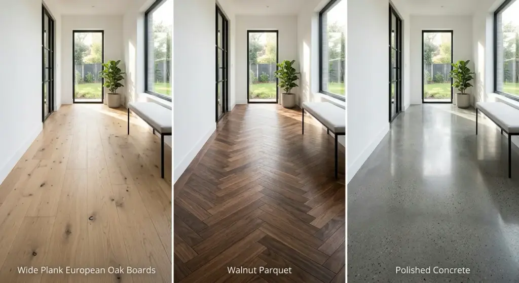 Flooring options: modern hallway with wide plank European oak, walnut herringbone parquet, and polished concrete