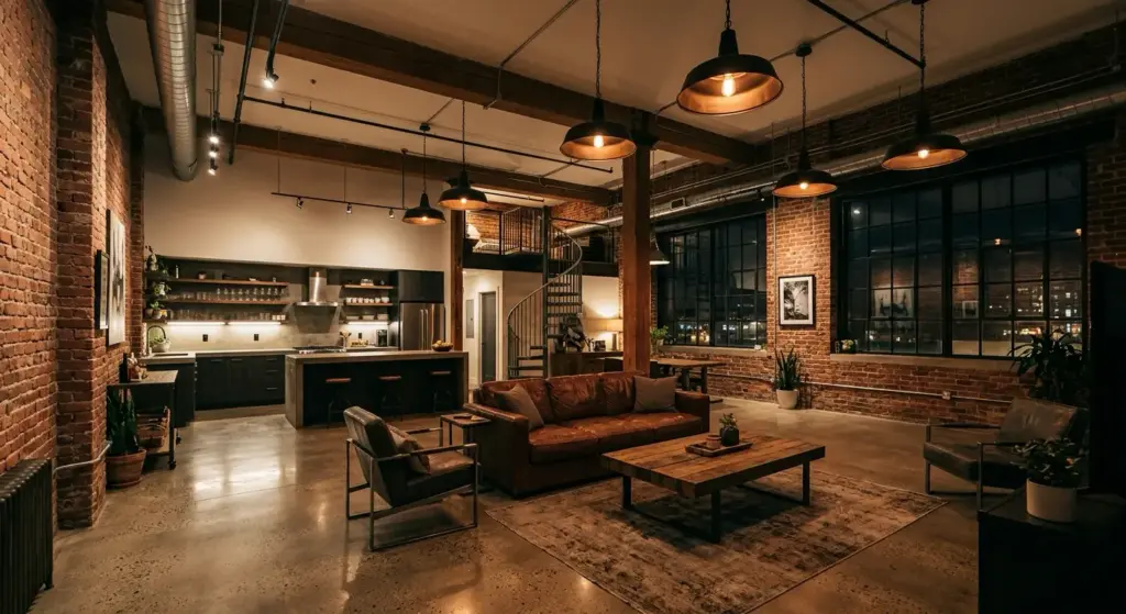 Industrial loft living room with open kitchen, exposed brick walls, large windows, leather sofa, pendant lighting.