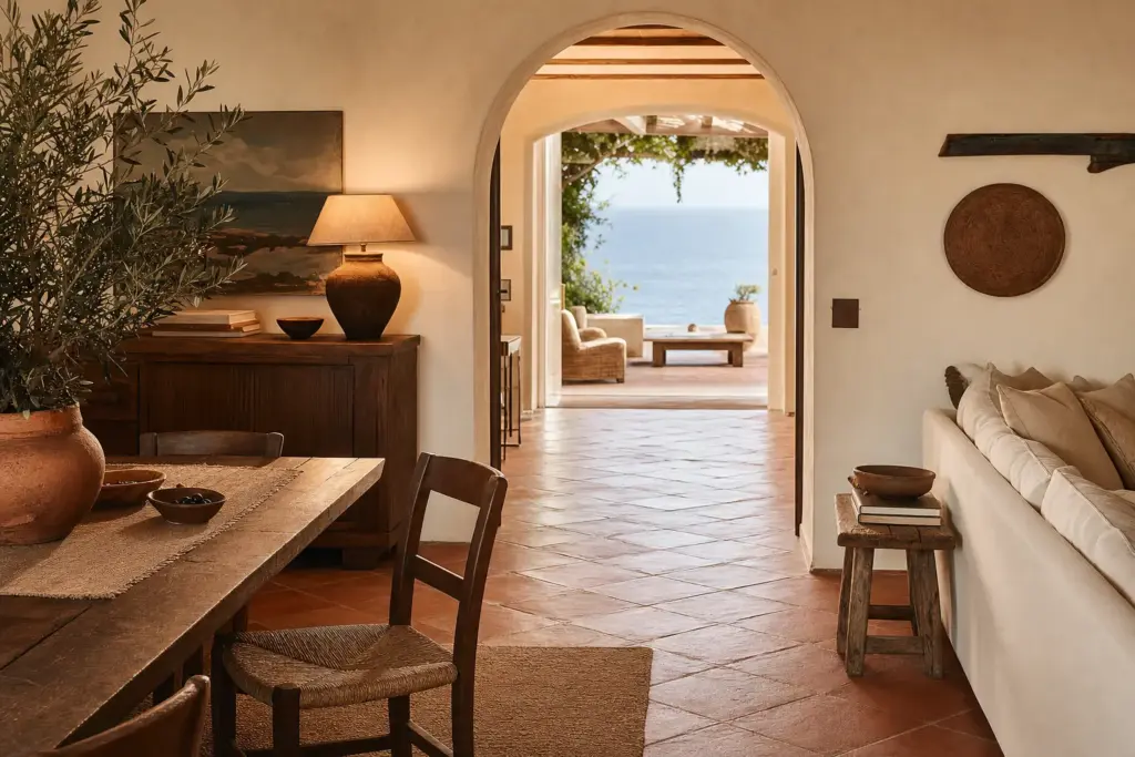 Mediterranean coastal villa interior with arched doorway, sea view, rustic dining area and terracotta tile floors
