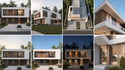 Collage of a modern minimalist two-story white house with wood accents, large windows, driveway and aerial view