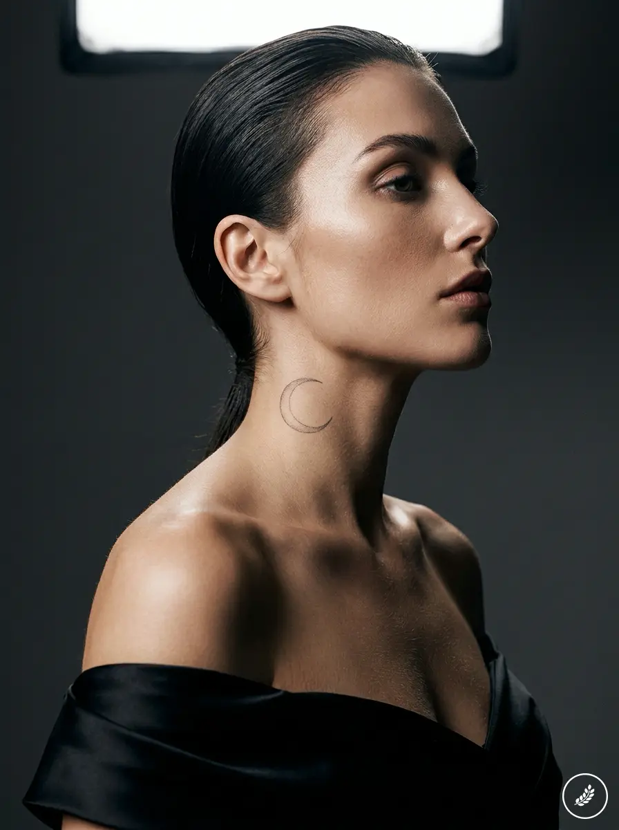 Woman_with_neck_tattoo_202607170022 Studio portrait of woman side profile with slicked-back hair, crescent moon neck tattoo, off-shoulder black dress | Sky Rye Design Studio portrait of woman side profile with slicked-back hair, crescent moon neck tattoo, off-shoulder black dress