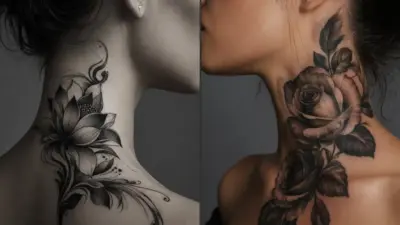 Black-and-grey floral neck tattoos: stylized lotus on nape and realistic rose along side neck and collarbone