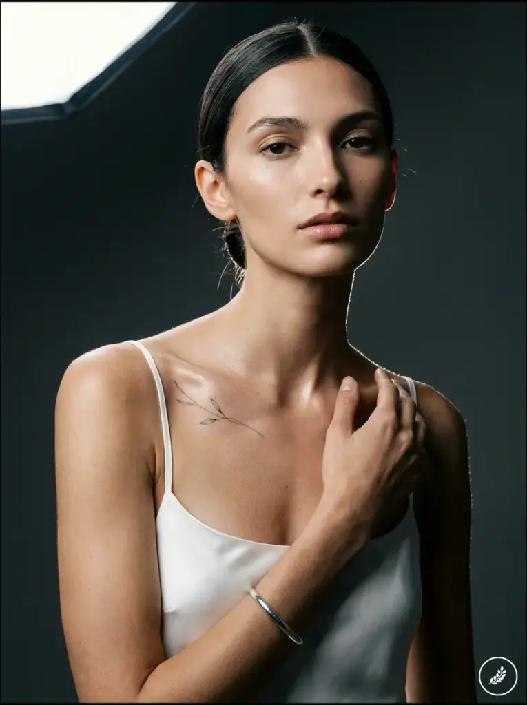 Woman_with_botanical_tattoo_202607170036 Studio portrait of woman in silk camisole with delicate leaf collarbone tattoo, silver bracelet, natural makeup | Sky Rye Design Studio portrait of woman in silk camisole with delicate leaf collarbone tattoo, silver bracelet, natural makeup