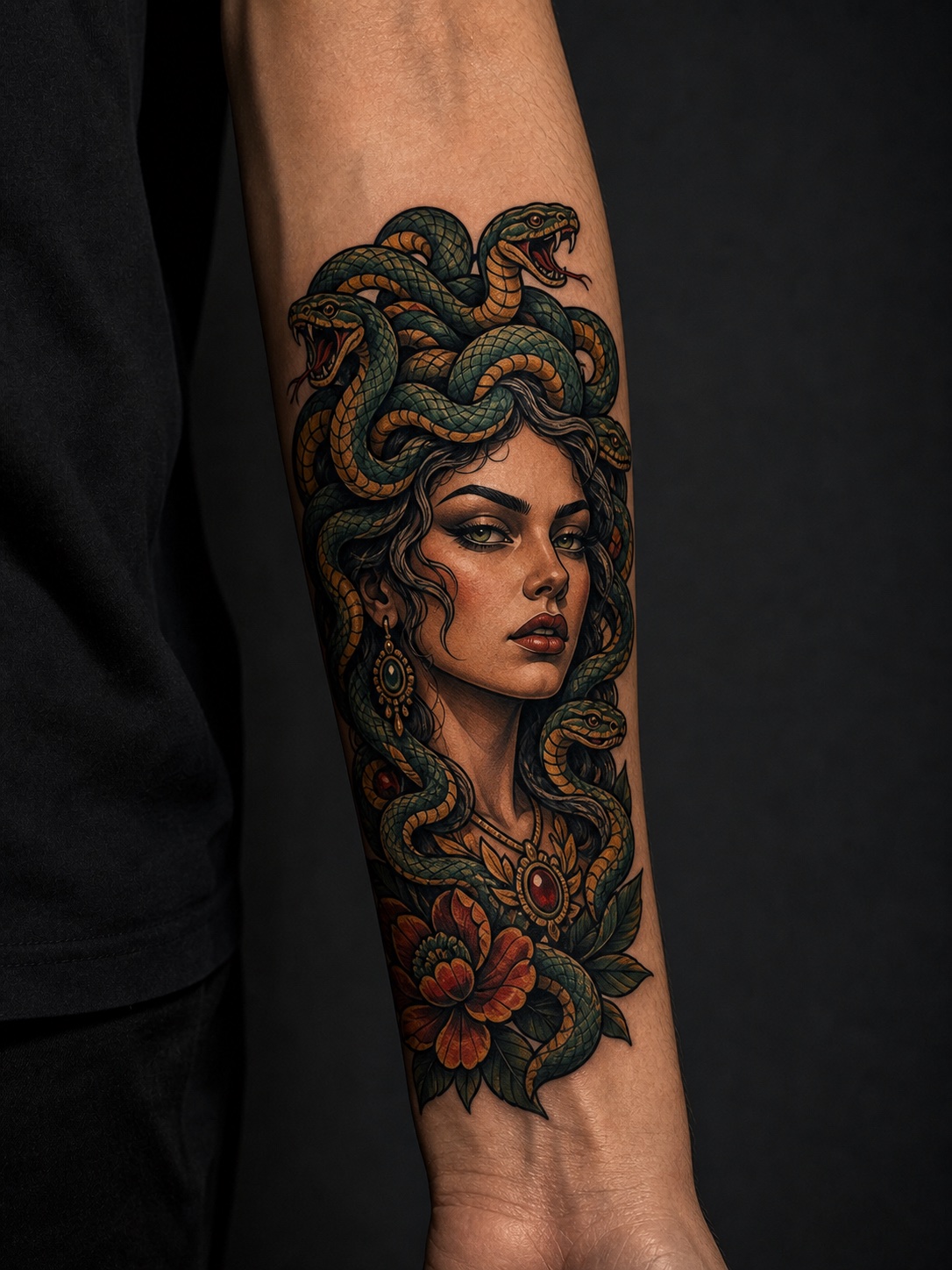 Neo-traditional Medusa forearm tattoo with bold outlines, color, and snake hair.