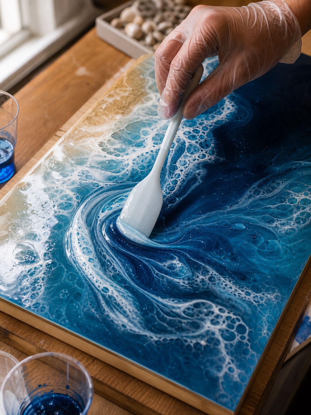 A resin artist uses a silicone spatula to shape blue and white ocean wave patterns in glossy resin.