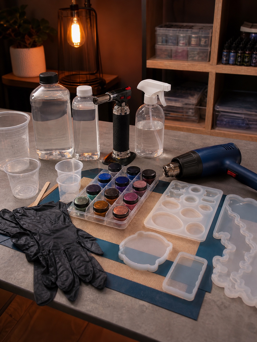 Organized resin art workspace with silicone mat, epoxy, cups, gloves, pigments, torch and heat gun.