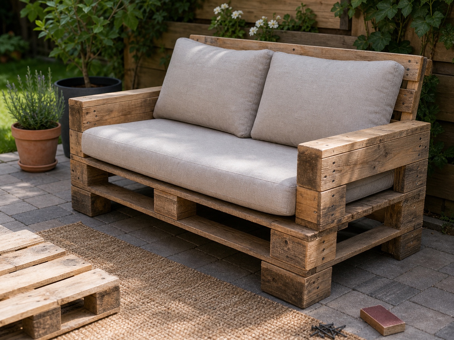 Outdoor pallet loveseat frame with cushions on a patio