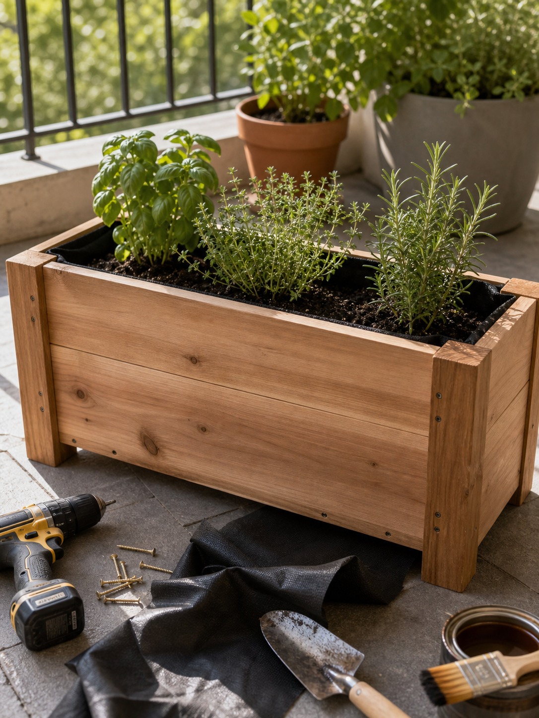 Handmade cedar outdoor planter box with herbs and garden tools