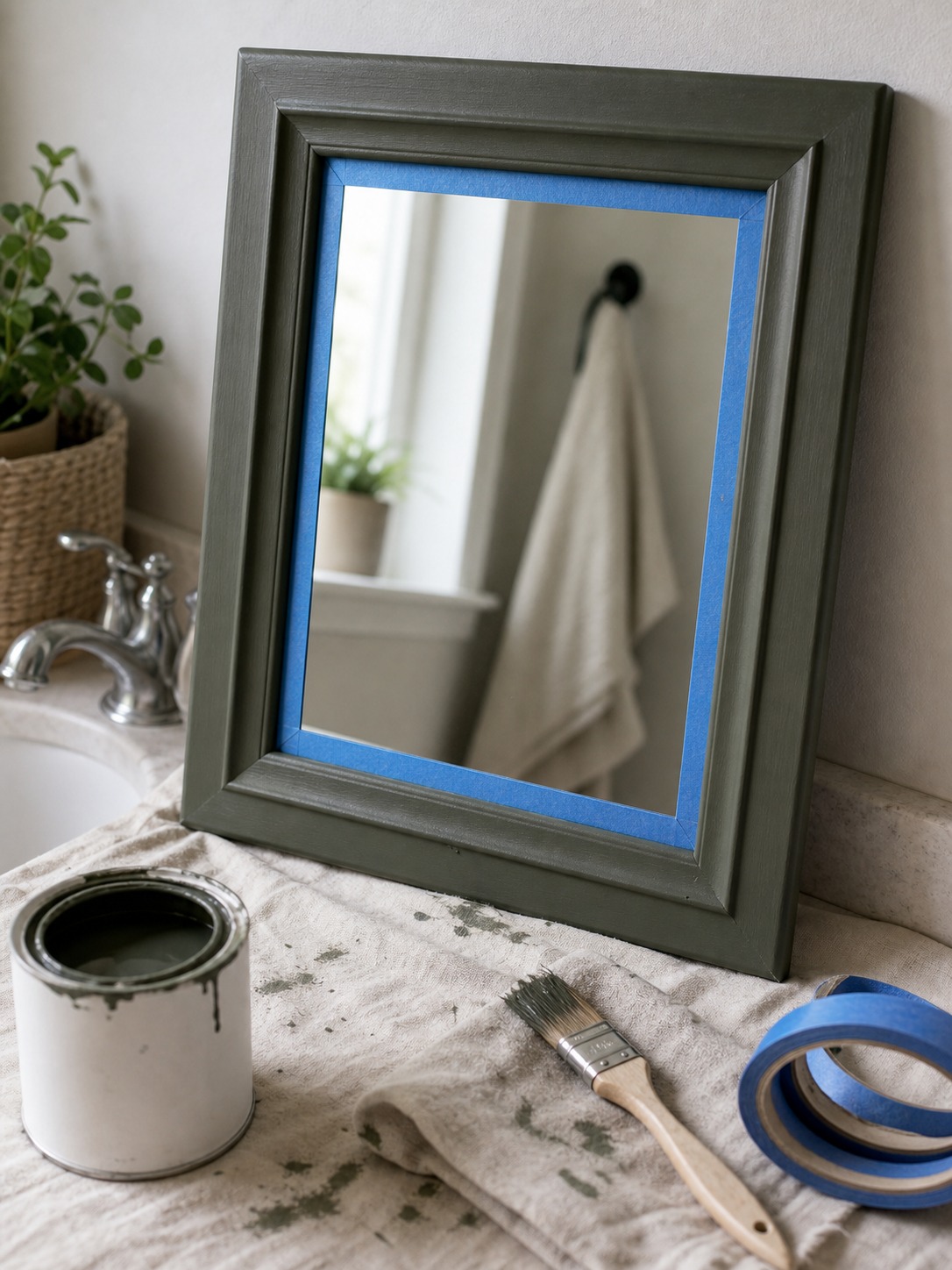 Painted mirror frame project with tape and brush