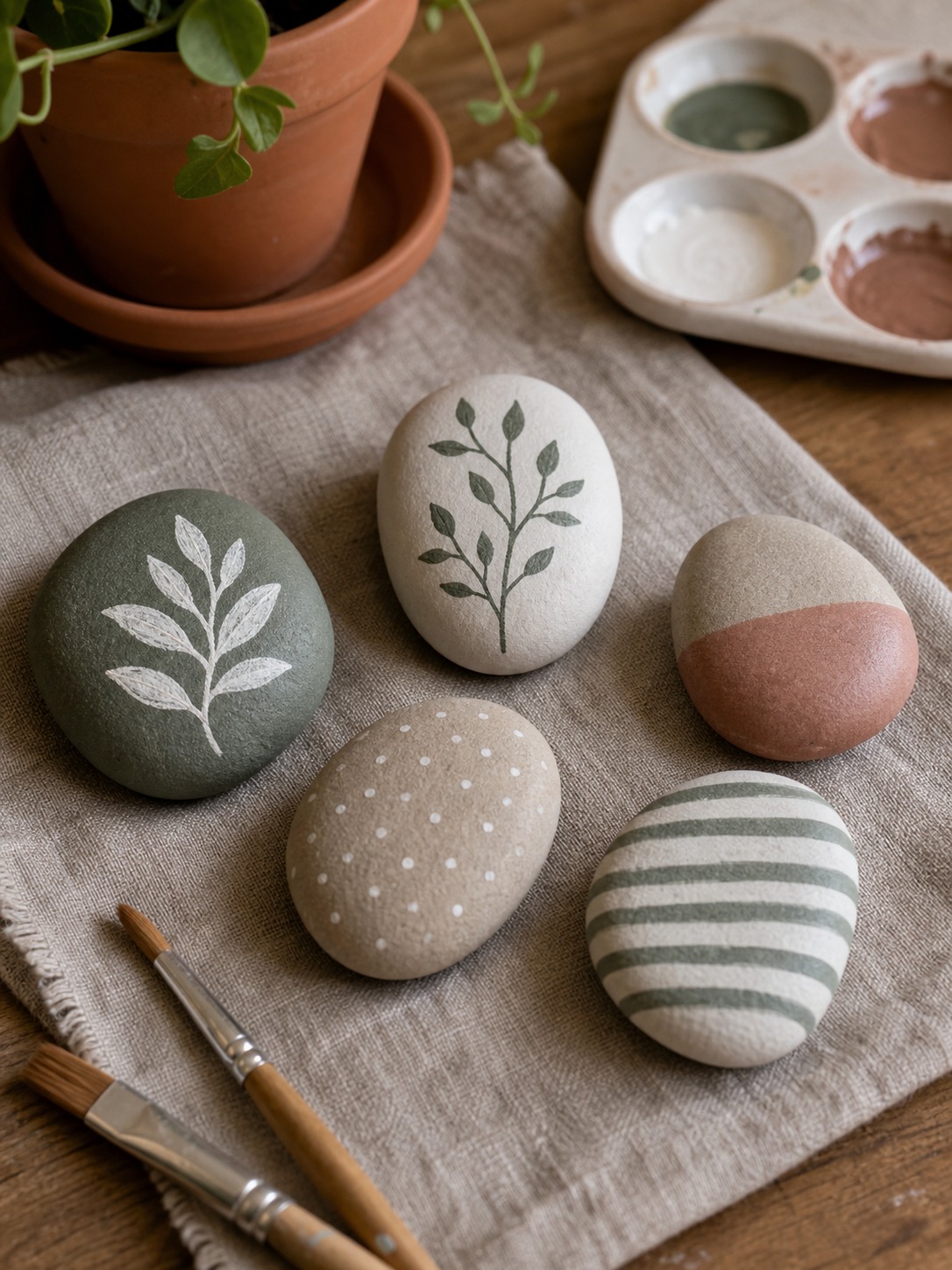 Painted river rocks with botanical patterns for handmade decor