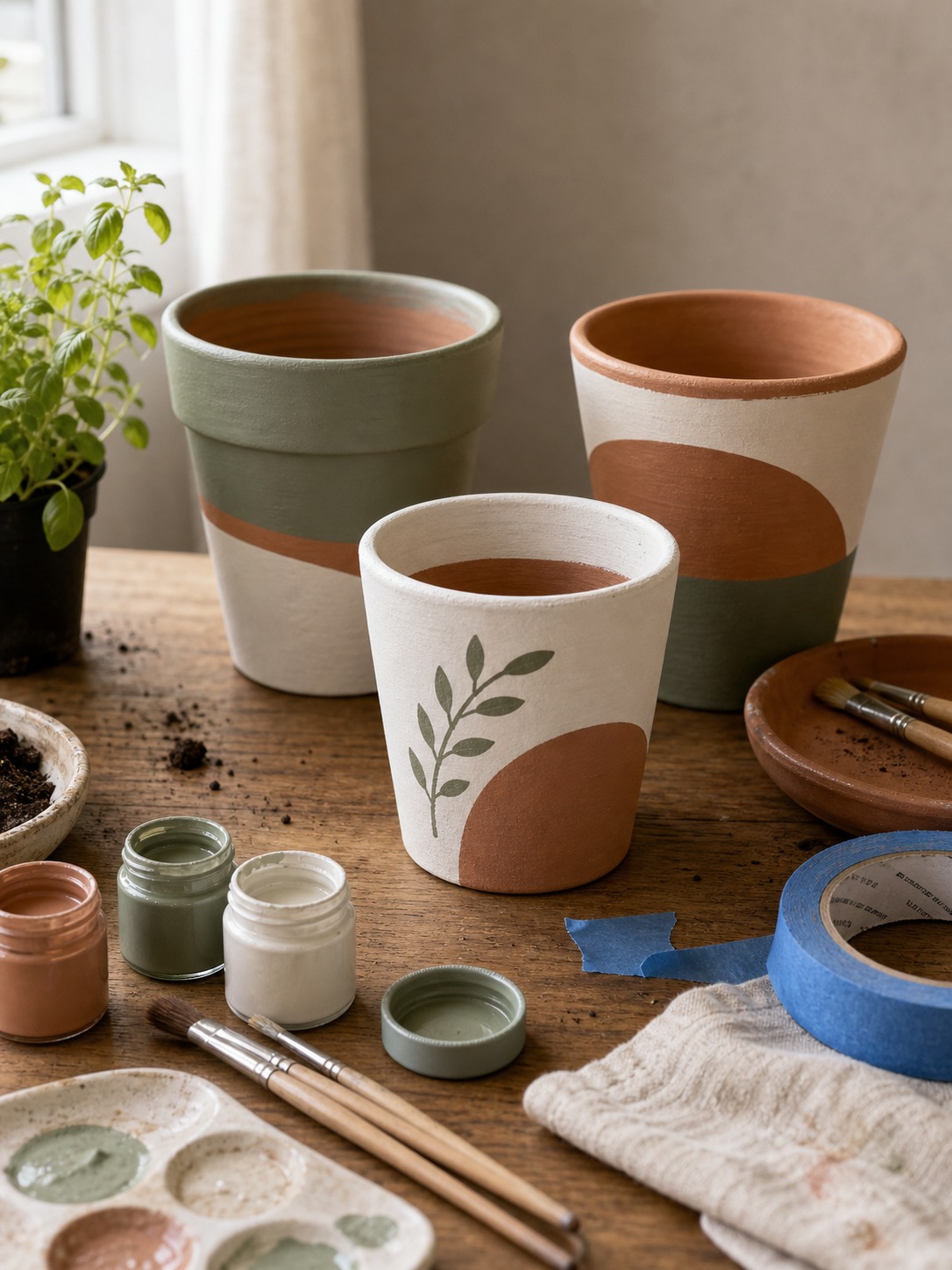 Painted terra cotta planters with craft supplies