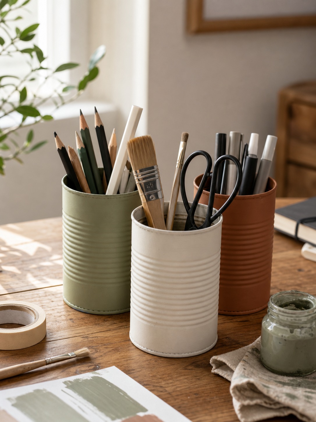 Painted tin can desk organizer with pencils and brushes