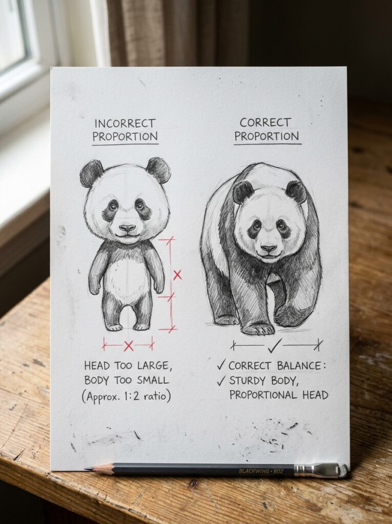 Panda drawing proportion guide showing incorrect and correct body balance examples in pencil sketch style