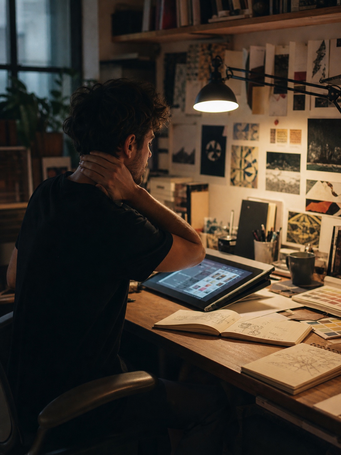 Designer with neck fatigue at a studio desk Graphic designer rubbing a stiff neck while working at a drawing desk with a tablet and sketchbooks. | Sky Rye Design Graphic designer rubbing a stiff neck while working at a drawing desk with a tablet and sketchbooks.
