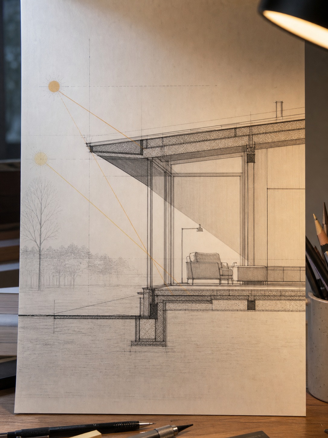 Architectural section showing south-facing glazing, roof overhang, and seasonal sun angles.