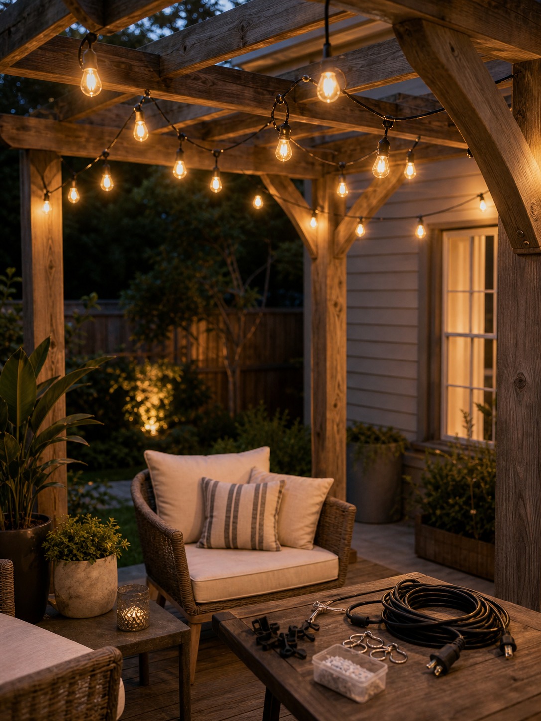 Outdoor pergola with warm string lights and patio seating