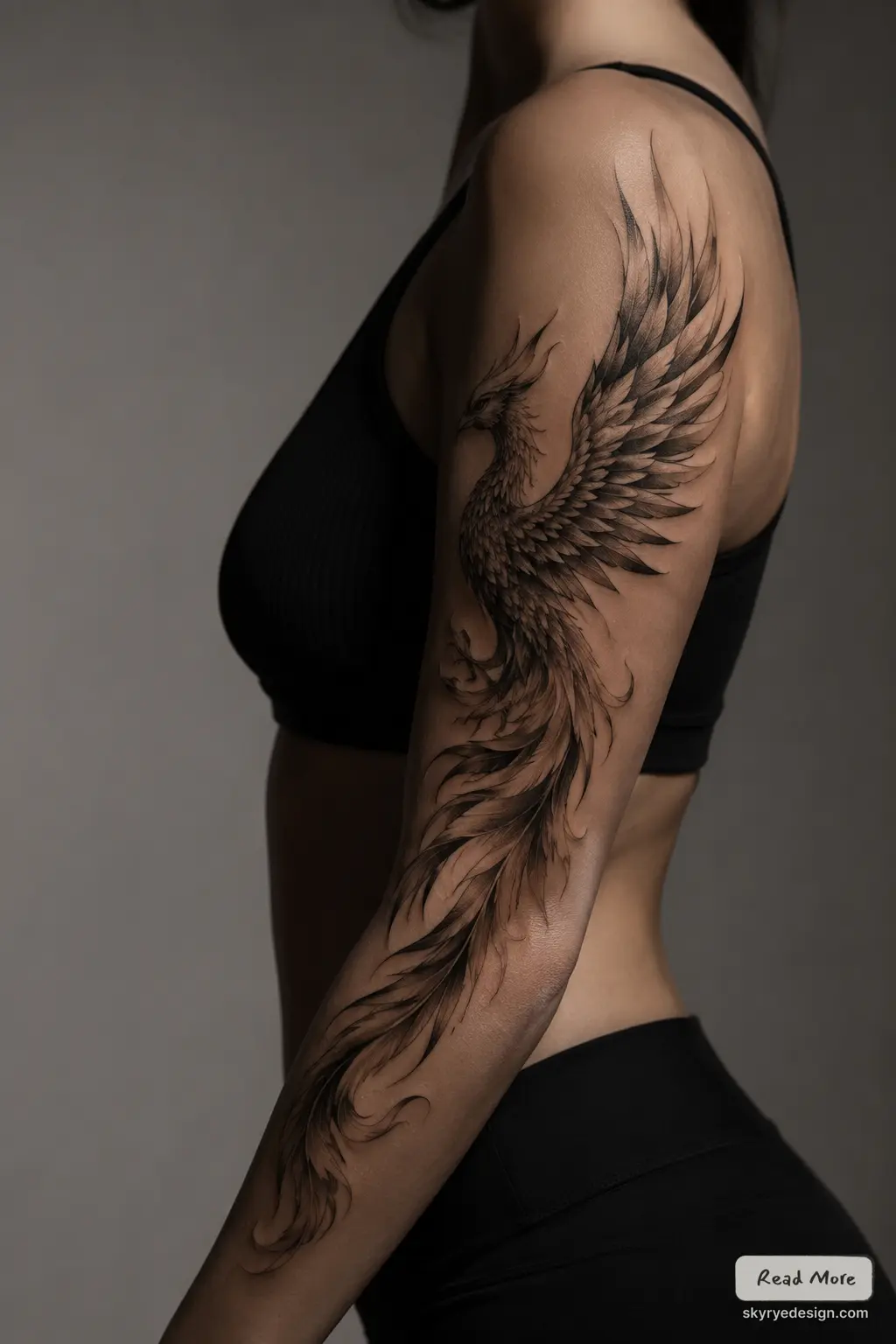 Black and gray phoenix tattoo covering a woman's upper arm and forearm, detailed feathered wing flowing down the arm