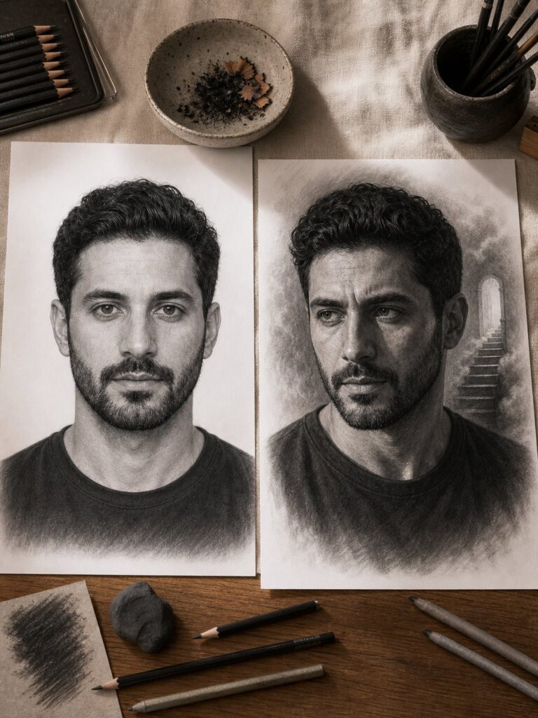 photorealism-vs-hyperrealism-graphite-comparison Side-by-side hyperrealistic pencil portrait drawings of a bearded man with art supplies on a wooden desk | Sky Rye Design Side-by-side hyperrealistic pencil portrait drawings of a bearded man with art supplies on a wooden desk