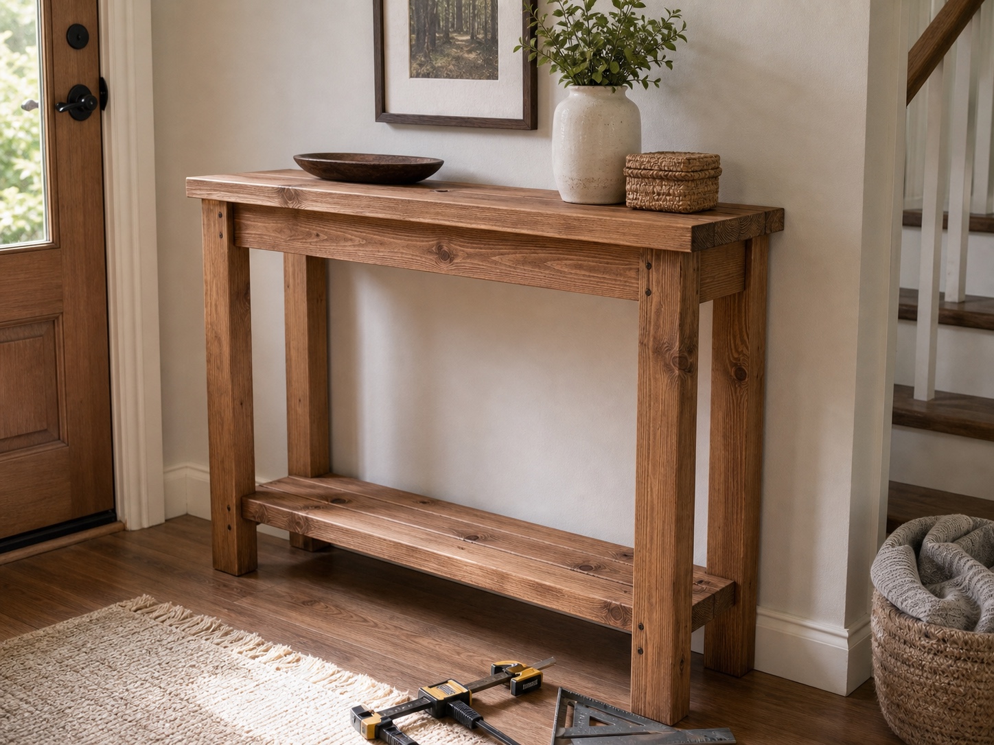 Narrow pine console table with lower shelf in an entryway
