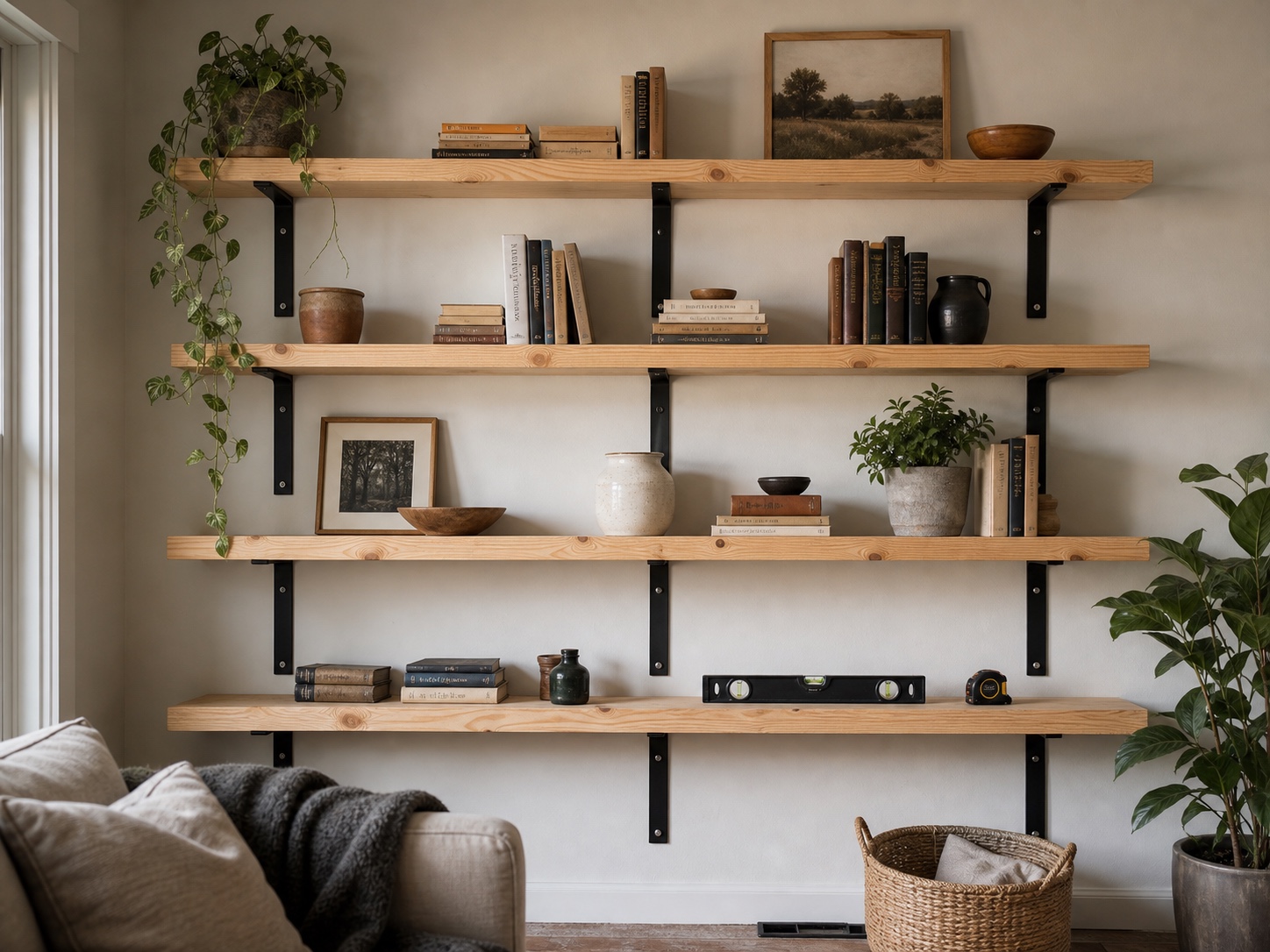 DIY pine wall shelf system with black brackets, books, and decor