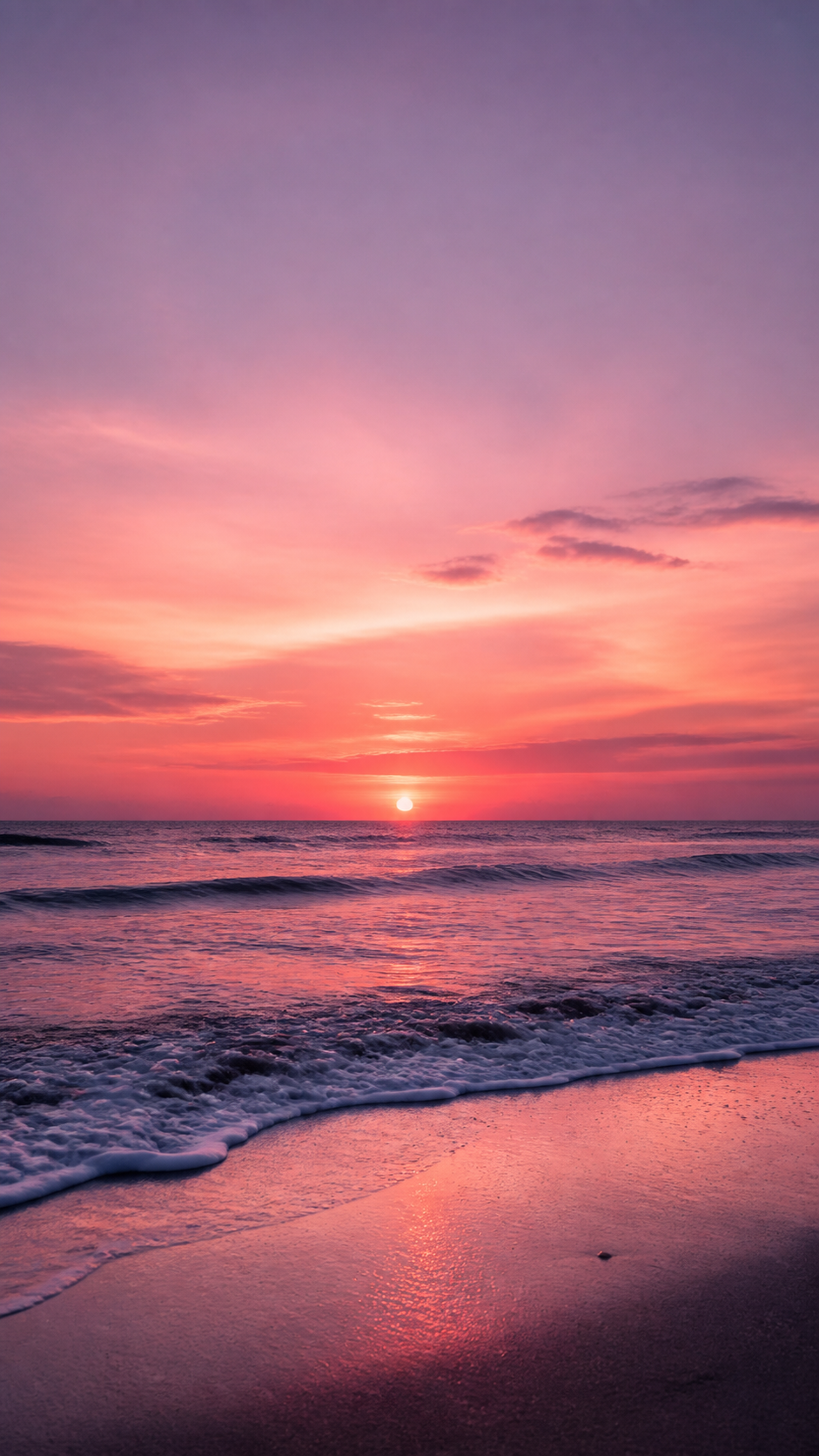 Pink sunset wallpaper estetik with lavender sky, calm ocean horizon, and soft waves.