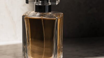 Ultra-clear glass perfume bottle with amber liquid on white marble in dramatic studio light.