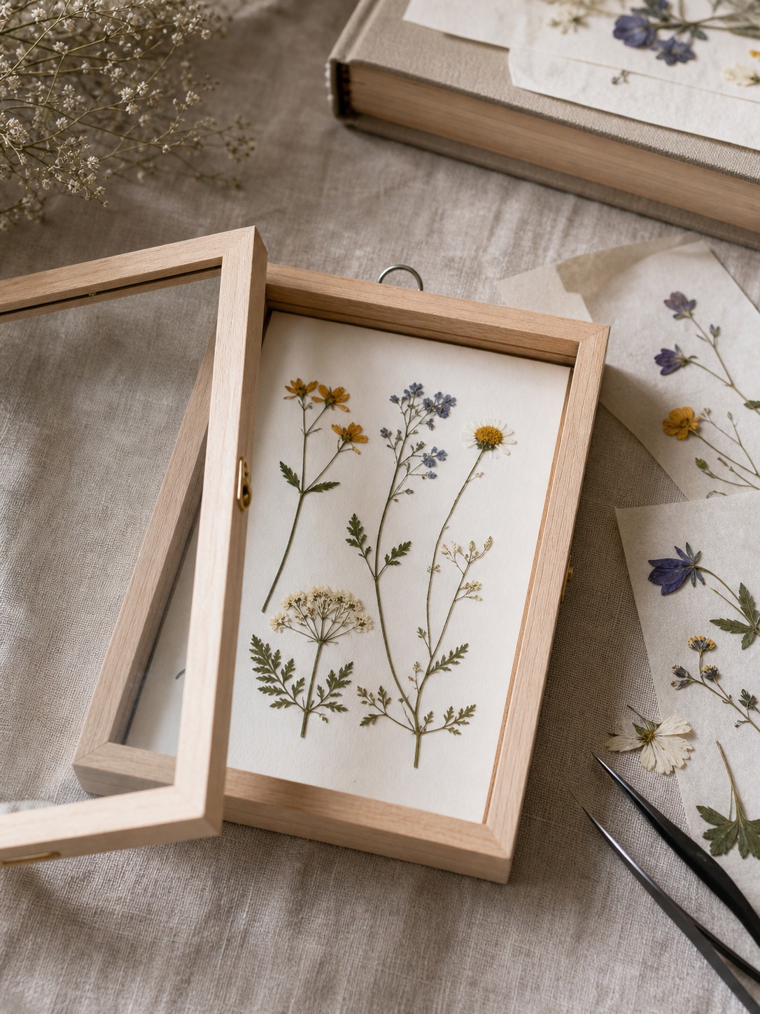 Pressed flower frame craft arranged on a linen table