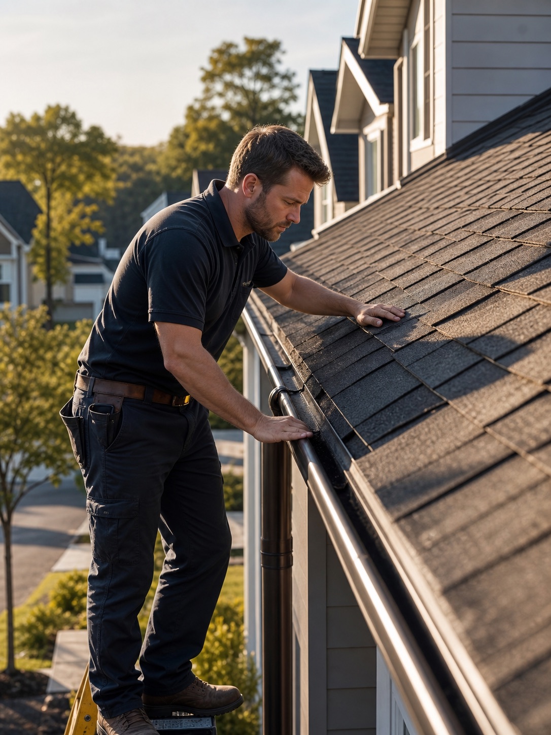 Professional roofer inspecting the shingles and gutters on a clean, well-maintained residential home.