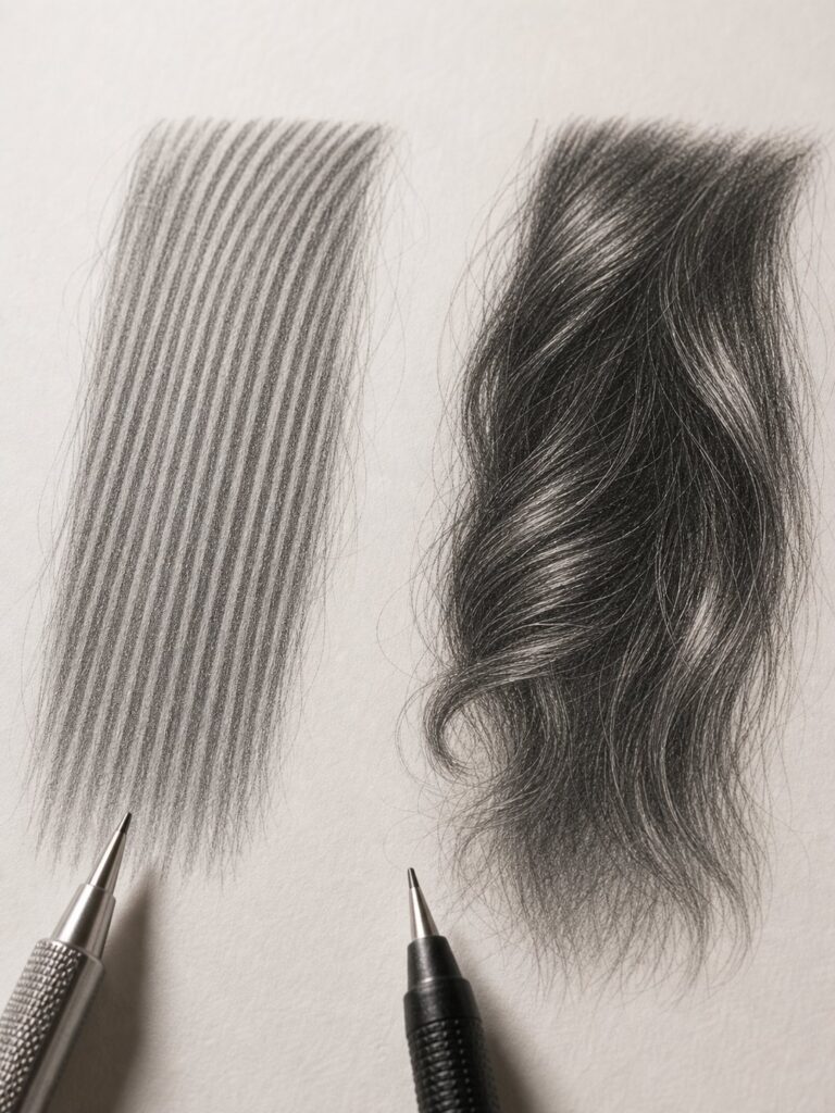 realistic-hair-strands-graphite-comparison Pencil shading tutorial: parallel hatching vs realistic hair texture in graphite, drawn with mechanical pencils | Sky Rye Design Pencil shading tutorial: parallel hatching vs realistic hair texture in graphite, drawn with mechanical pencils