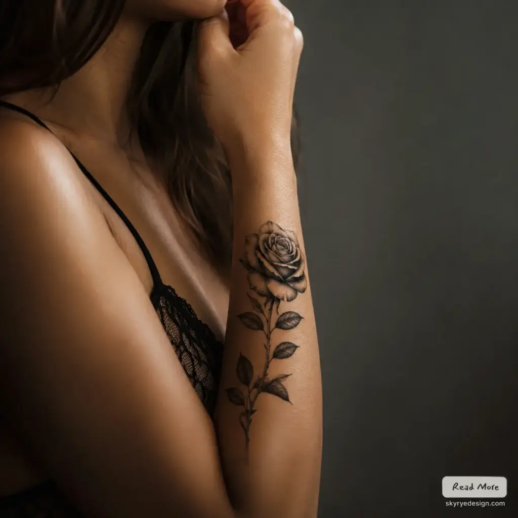 7dfb968c-fdab-4f99-a5f3-80b813c10bf3 Close-up of black and grey realistic rose forearm tattoo on woman wearing black lace bralette | Sky Rye Design Close-up of black and grey realistic rose forearm tattoo on woman wearing black lace bralette
