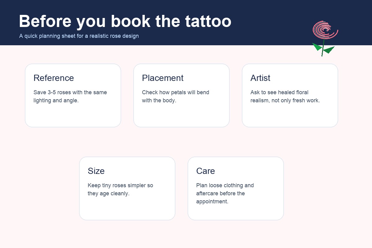 Realistic rose tattoo planning sheet Planning sheet for realistic rose tattoo references, placement, artist choice, size, and aftercare. | Sky Rye Design Planning sheet for realistic rose tattoo references, placement, artist choice, size, and aftercare.