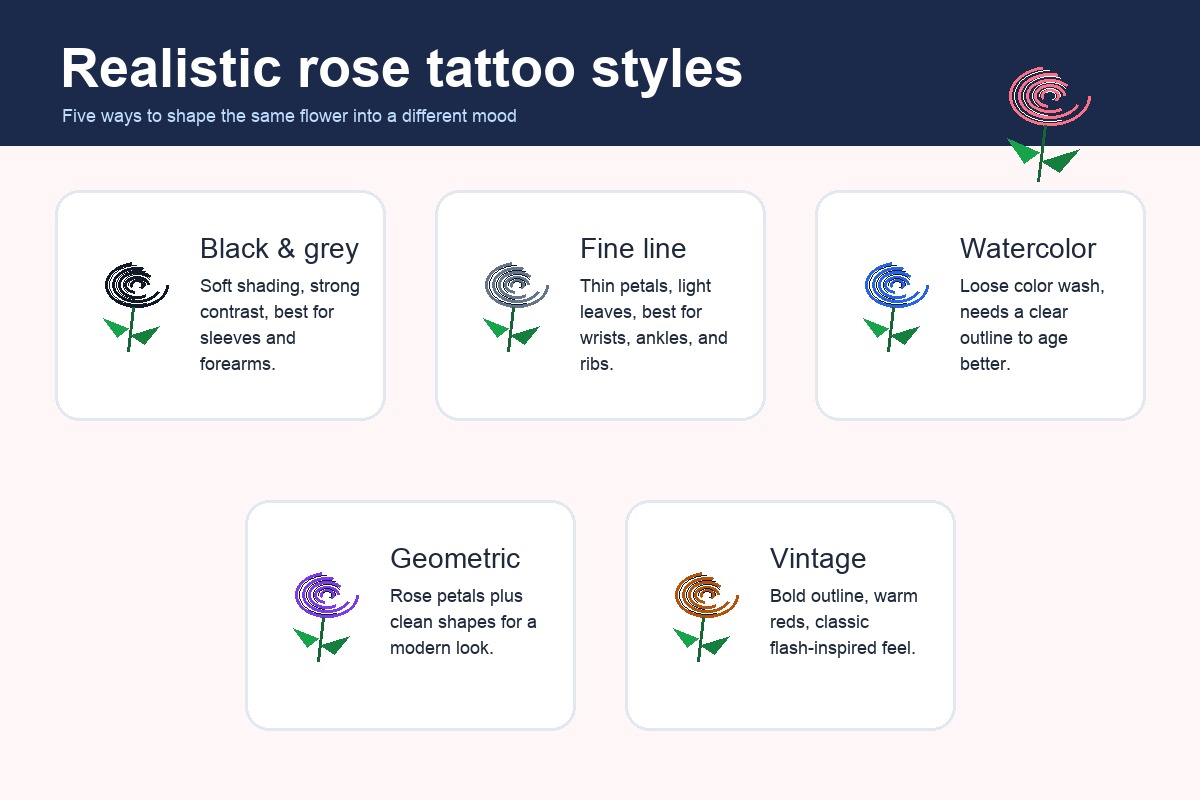 Realistic rose tattoo style guide Infographic comparing realistic rose tattoo styles including black and grey, fine line, watercolor, geometric, and vintage designs. | Sky Rye Design Infographic comparing realistic rose tattoo styles including black and grey, fine line, watercolor, geometric, and vintage designs.