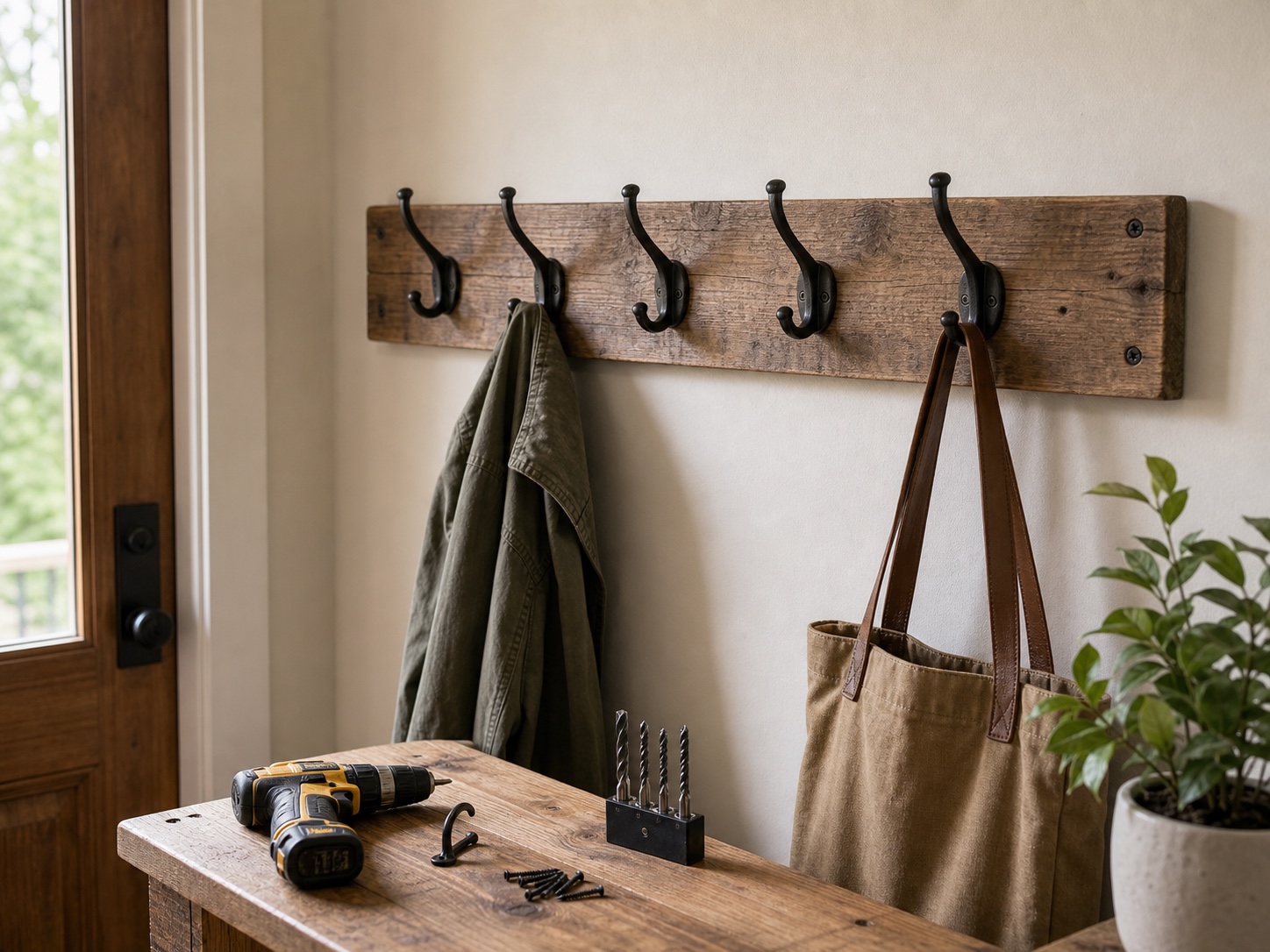 Reclaimed wood coat rack with black hooks mounted on an entryway wall