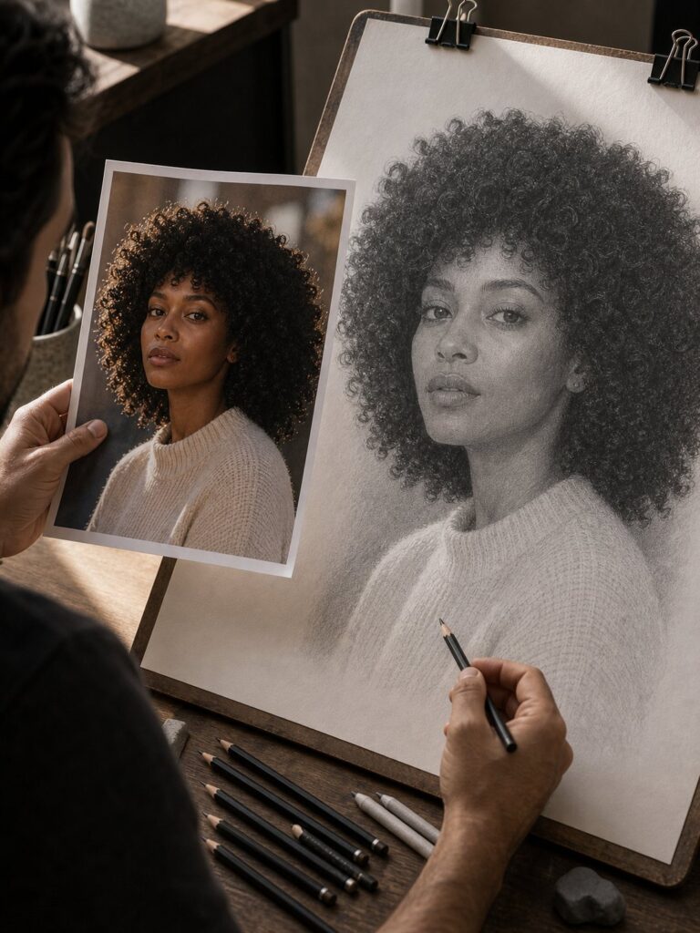 reference-lighting-graphite-drawing-comparison Artist sketching pencil portrait of a woman with curly afro from printed reference photo on drawing board | Sky Rye Design Artist sketching pencil portrait of a woman with curly afro from printed reference photo on drawing board