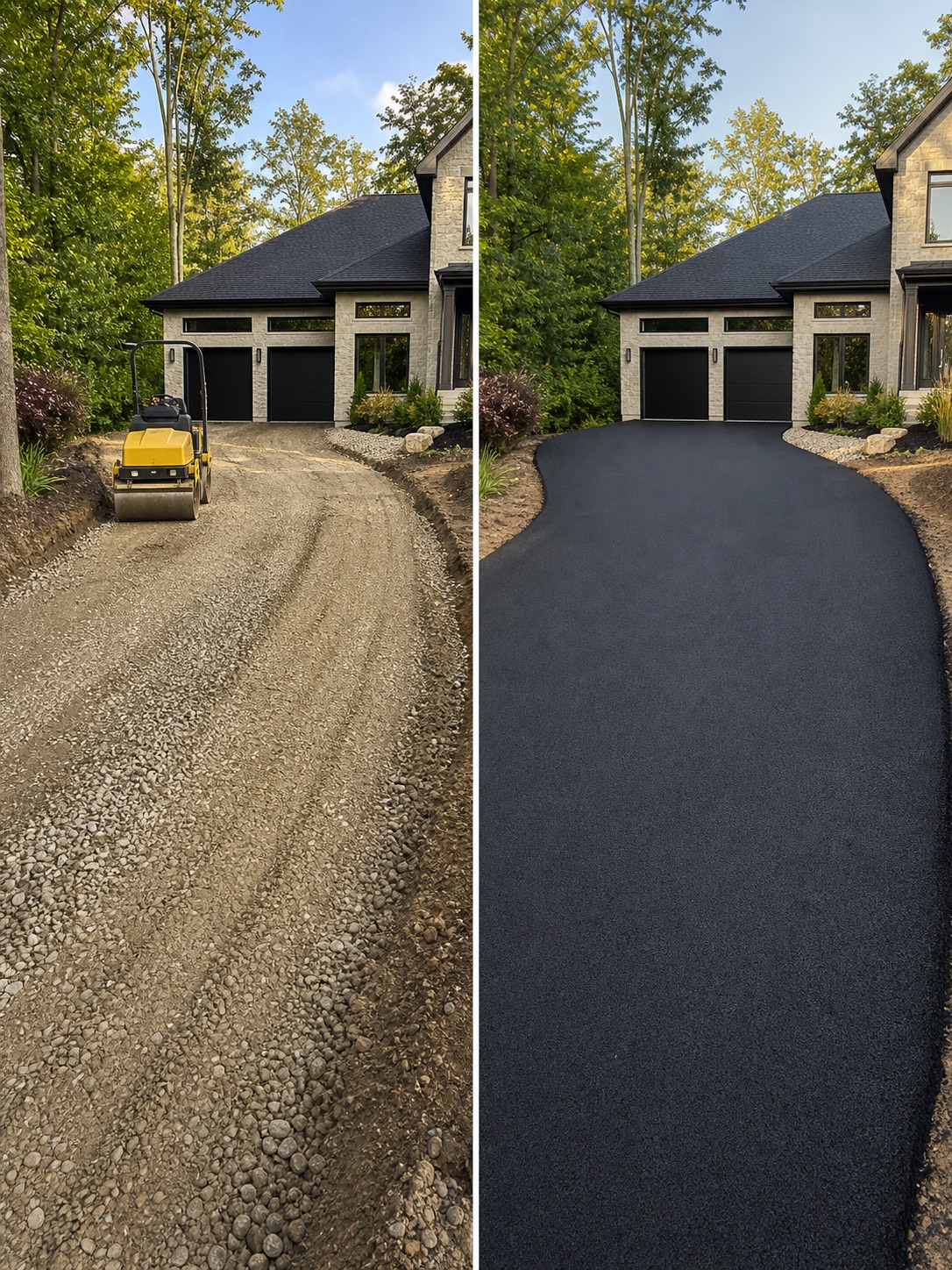 Before and after view of a residential asphalt driveway installation.