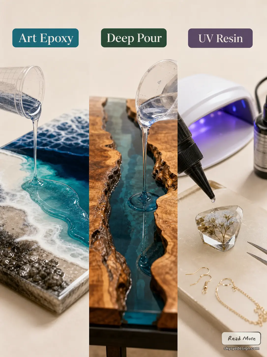 Epoxy resin comparison: art epoxy ocean pour, deep-pour river-table resin, UV resin jewelry with curing lamp.