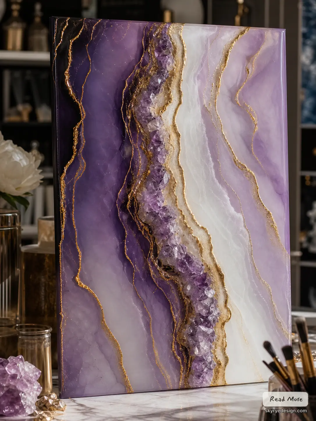 Amethyst geode resin wall art, purple crystal center with gold veining, luxury home decor panel
